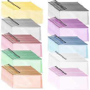 100 Pcs A6 Mesh Zipper Pouch Reusable File Bags Multipurpose Waterproof Zipper Pencil Bags 9.4" x 4.5" Small Mesh Zipper Pouches,for School Office Supplies Organization, Puzzle Bags 10 Color