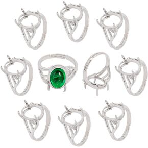 CHGCRAFT 10 PCS Platinum 4 Claws Ring Blank Adjustable Brass Finger Ring Components Prong Ring Settings for 11mm Oval Gemstones Cabochon Setting DIY Jewelry Making