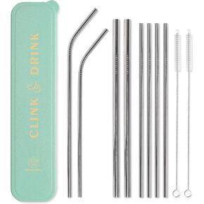 DesignWorks Ink Reusable Stainless Steel Straws with Case - Includes 2-Bendy Straws, 2-Smoothie Straws 4-Metal Straws, 2-Straw Cleaner Brushes in Mint "Clink and Drink" Straw Holder Travel Case