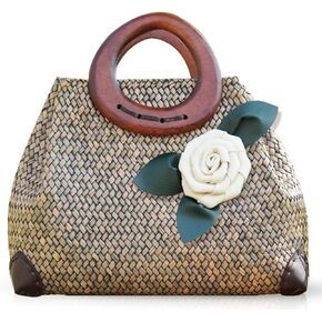 Beach Bag, Boho Handmade Rattan Handbag, Round Bamboo Handle and Silk Flower, Summer Large Straw Retro patternTote Bag for Beach Vacation Daily(Brown) in Saudi Arabia