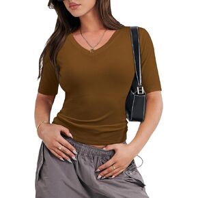 Florboom Women Summer V Neck Tops Basic Soft Half Sleeve Slim Fit Tee T-Shirts Blouse