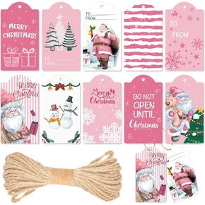 120 Pcs Pink Winter Paper Gift Tags with String for Holiday Party Wrapping Decor, 10 Styles