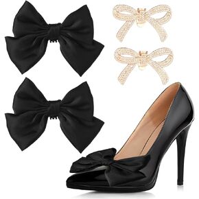 4pcs Bow Shoe Clips, Detachable Bowknot Shoe Clips for Women Bow Shoe Buckles Rhinestone Shoe Clips Bow Knot Shoe Charms for Heels for Wedding Bridal Party Daily Wearing (Black, Golden)