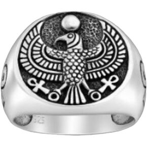 Egyptian Ankh Men's Ring in 925 Sterling Silver - Eagle Eye of Horus Falcon Design Ring Size 8, 9, 10, 11, 12, 13 and 14