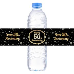 Happy 50th Anniversary Water Bottle Labels 50 Years Old Water Bottle Stickers Wraps Women or Men Party Decorations Black & Gold - 32 Pcs