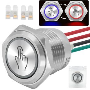Touch Switch DC 6V 12V 24V, Latching Push Button Switch, Stainless Steel Waterproof, Red and Blue LED Light Dual Color Light Conversion, for 16mm 5/8" Mounting Hole