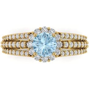 Clara Pucci 1.95ct Round Cut Halo Solitaire Natural Swiss Blue Topaz designer Modern Statement with accent Ring Solid 14k Yellow Gold