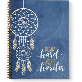 Softcover Dream Hard 8.5" x 11" Motivational Spiral Health Journal/Notebook, 120 Daily Wellness Tracker Pages, Durable Gloss Laminated Cover, Gold Wire-o Spiral. Made in the USA