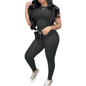 Women 2 Piece Workout Sets Two Piece Outfits Ribbed Short Sleeve Legging Lounge Matching Activewear Gym Tracksuits