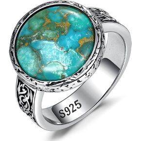 925 Sterling Silver Celtic Ring/Dragon Claw Ring Round Teal Turquoise Ring Unisex Vintage Turquoise Ring Bezel Setting Hammered Design Statement Ring for Women & Men Band Width 5mm Size 7-12