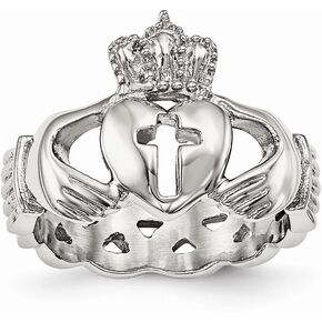 Solid Stainless Steel Men's Celtic Irish Claddagh with Cross Wedding Band Ring