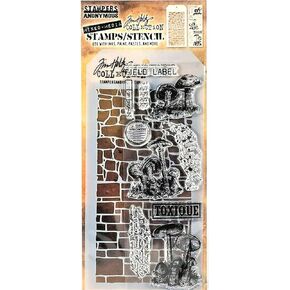 Stamper's Anonymous Tim Holtz Brick and Stones with Mushrooms Mixed Media Stamp and Stencil Set THMM112
