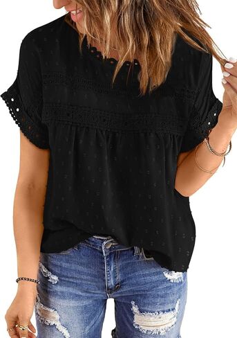 Women's Shirts Summer Casual Crewneck Lace Crochet Short Sleeve Blouses Pom Pom Swiss Dots Chiffon Tunic Tops in Saudi Arabia