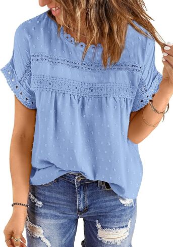 Women's Shirts Summer Casual Crewneck Lace Crochet Short Sleeve Blouses Pom Pom Swiss Dots Chiffon Tunic Tops in Saudi Arabia