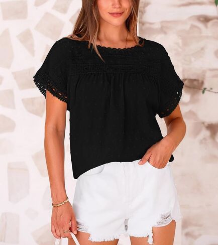 Women's Shirts Summer Casual Crewneck Lace Crochet Short Sleeve Blouses Pom Pom Swiss Dots Chiffon Tunic Tops in Saudi Arabia