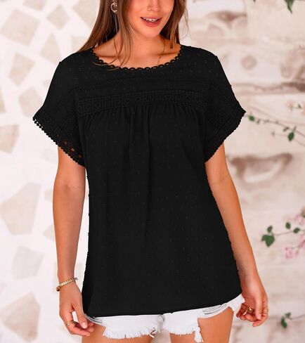 Women's Shirts Summer Casual Crewneck Lace Crochet Short Sleeve Blouses Pom Pom Swiss Dots Chiffon Tunic Tops in Saudi Arabia
