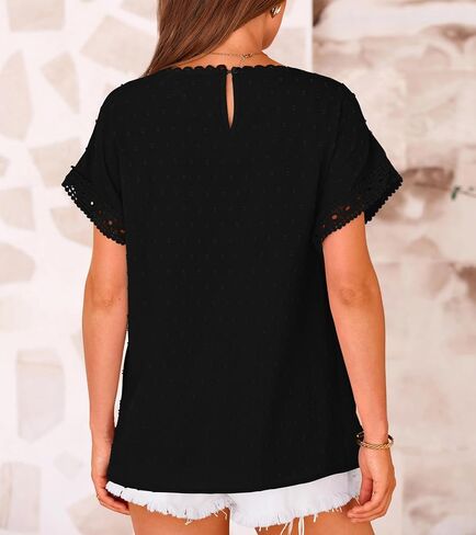 Women's Shirts Summer Casual Crewneck Lace Crochet Short Sleeve Blouses Pom Pom Swiss Dots Chiffon Tunic Tops in Saudi Arabia