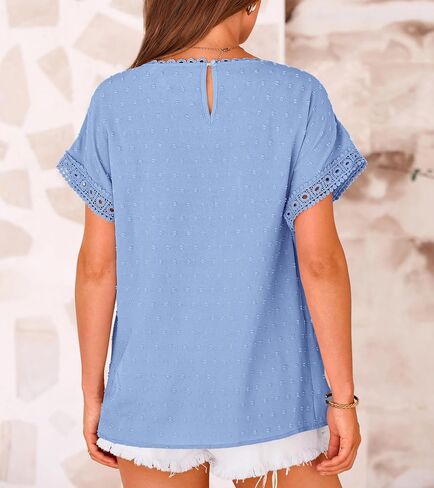 Women's Shirts Summer Casual Crewneck Lace Crochet Short Sleeve Blouses Pom Pom Swiss Dots Chiffon Tunic Tops in Saudi Arabia
