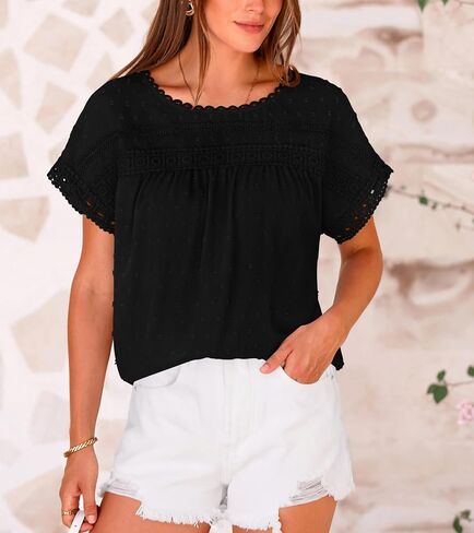 Women's Shirts Summer Casual Crewneck Lace Crochet Short Sleeve Blouses Pom Pom Swiss Dots Chiffon Tunic Tops in Saudi Arabia