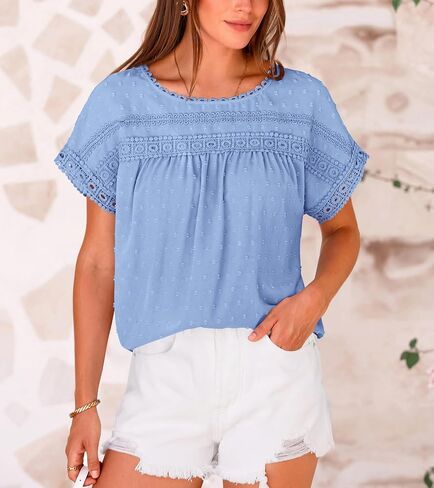 Women's Shirts Summer Casual Crewneck Lace Crochet Short Sleeve Blouses Pom Pom Swiss Dots Chiffon Tunic Tops in Saudi Arabia