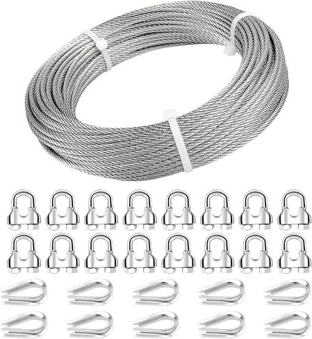 3/16 Wire Rope, 50ft 3/16 Stainless Steel Cable Wire, 7x19 Strand Aircraft Cable Wire Rope Kit, 3700lbs Breaking Strength with 3/16 Cable Clamps,Thimble for Deck Railing Shade Sails String Lights in Saudi Arabia
