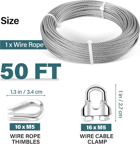 3/16 Wire Rope, 50ft 3/16 Stainless Steel Cable Wire, 7x19 Strand Aircraft Cable Wire Rope Kit, 3700lbs Breaking Strength with 3/16 Cable Clamps,Thimble for Deck Railing Shade Sails String Lights in Saudi Arabia