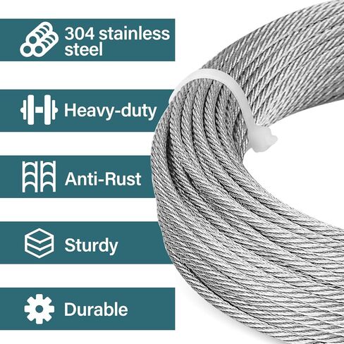 3/16 Wire Rope, 50ft 3/16 Stainless Steel Cable Wire, 7x19 Strand Aircraft Cable Wire Rope Kit, 3700lbs Breaking Strength with 3/16 Cable Clamps,Thimble for Deck Railing Shade Sails String Lights in Saudi Arabia