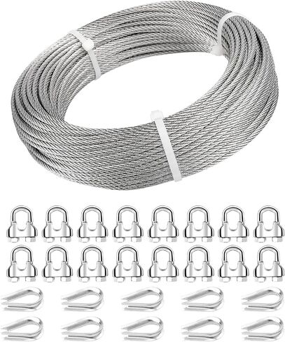 3/16 Wire Rope, 50ft 3/16 Stainless Steel Cable Wire, 7x19 Strand Aircraft Cable Wire Rope Kit, 3700lbs Breaking Strength with 3/16 Cable Clamps,Thimble for Deck Railing Shade Sails String Lights in Saudi Arabia