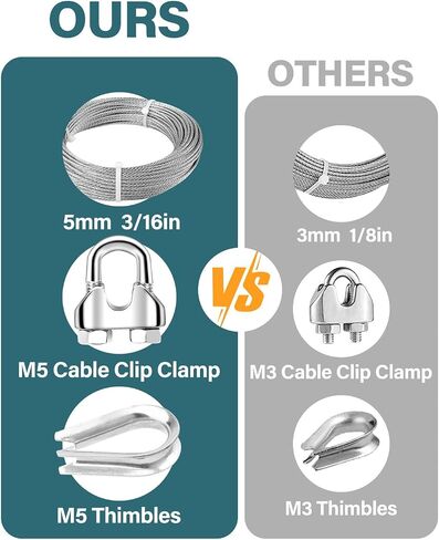 3/16 Wire Rope, 50ft 3/16 Stainless Steel Cable Wire, 7x19 Strand Aircraft Cable Wire Rope Kit, 3700lbs Breaking Strength with 3/16 Cable Clamps,Thimble for Deck Railing Shade Sails String Lights in Saudi Arabia