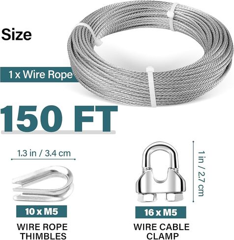 3/16 Wire Rope, 50ft 3/16 Stainless Steel Cable Wire, 7x19 Strand Aircraft Cable Wire Rope Kit, 3700lbs Breaking Strength with 3/16 Cable Clamps,Thimble for Deck Railing Shade Sails String Lights in Saudi Arabia