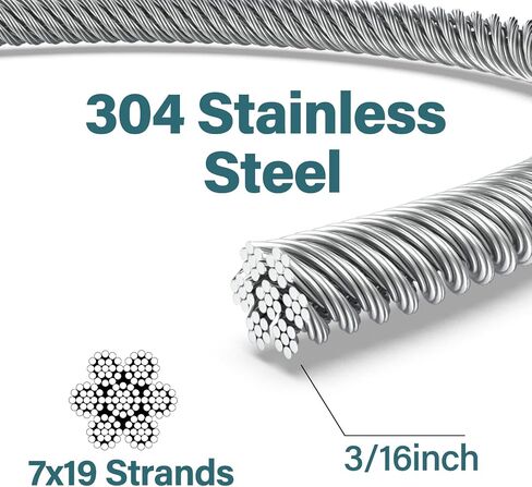 3/16 Wire Rope, 50ft 3/16 Stainless Steel Cable Wire, 7x19 Strand Aircraft Cable Wire Rope Kit, 3700lbs Breaking Strength with 3/16 Cable Clamps,Thimble for Deck Railing Shade Sails String Lights in Saudi Arabia
