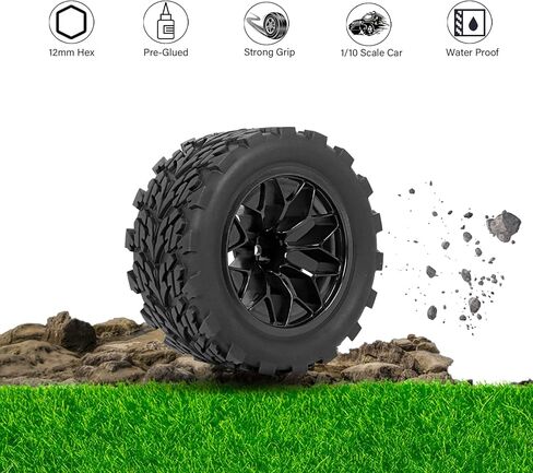 إطارات وعجلات سداسية 12 مم مُلصقة مسبقًا بمقياس 1/10 RC لشاحنة عربات التي تجرها الدواب، إطارات وحواف RC مع حشوات إسفنجية لـ Traxxas Rustler VXL Stampede Redcat Volcano EPX Pro Blackout XTE إلخ 4 قطع in Kuwait