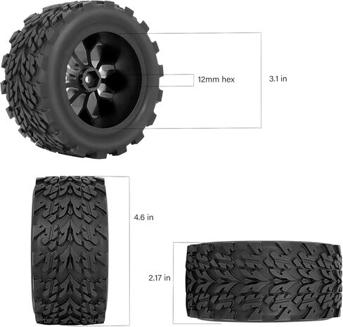 إطارات وعجلات سداسية 12 مم مُلصقة مسبقًا بمقياس 1/10 RC لشاحنة عربات التي تجرها الدواب، إطارات وحواف RC مع حشوات إسفنجية لـ Traxxas Rustler VXL Stampede Redcat Volcano EPX Pro Blackout XTE إلخ 4 قطع in Kuwait