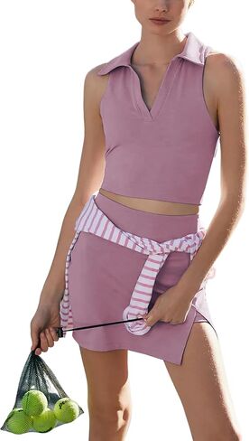 Lentta Women's 2 Piece Workout Outfit Sweatsuits Yoga Cropped Top and Skirt with Built-in Shorts in Saudi Arabia