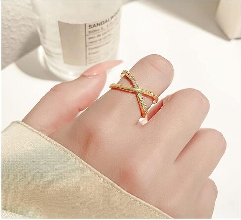 X Twist Eternity Open Ring for Women, 14K Gold Plated Criss Cross Simulated Diamond Cubic Zirconia forever Crossover Finger Band for Wedding and Valentine's Day. in Saudi Arabia
