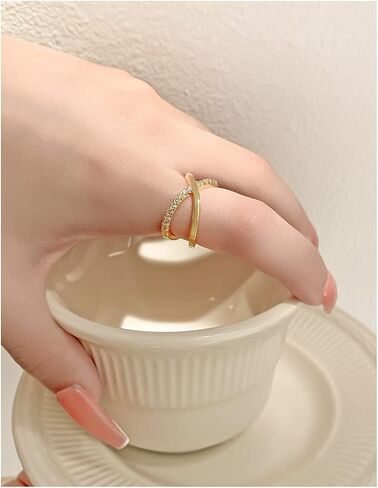 X Twist Eternity Open Ring for Women, 14K Gold Plated Criss Cross Simulated Diamond Cubic Zirconia forever Crossover Finger Band for Wedding and Valentine's Day. in Saudi Arabia