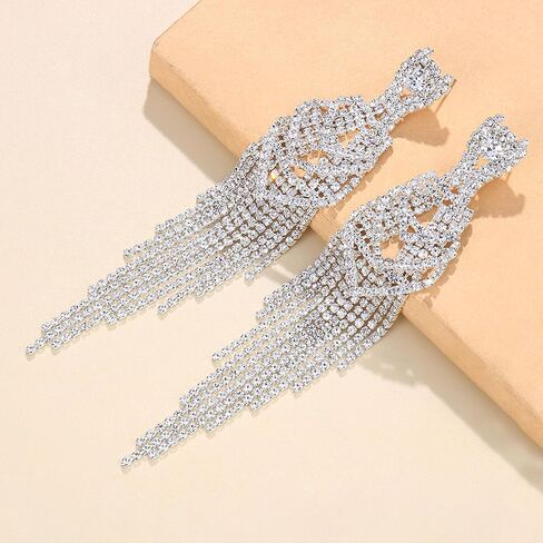 Rhinestone Dangle Earrings for Women Girls,S925 Silver Gold Sparkly Dangle Tassel Statement Earrings, Long Chandelier Earrings, Lightweight Ear Studs Cubic Zirconia Crystal Statement Bridal Wedding in Saudi Arabia