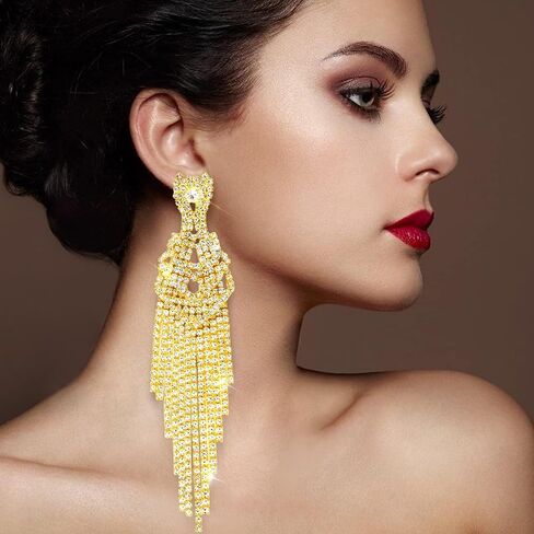 Rhinestone Dangle Earrings for Women Girls,S925 Silver Gold Sparkly Dangle Tassel Statement Earrings, Long Chandelier Earrings, Lightweight Ear Studs Cubic Zirconia Crystal Statement Bridal Wedding in Saudi Arabia