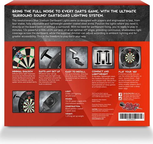 نظام إضاءة Shot Darts Stadium Dartboard - 4 أذرع فولاذية وخافتة لضبط شدة الضوء (6100K LEDs) الحد الأدنى من الظل، متعدد الاستخدامات، تصميم مدمج وخفيف الوزن، سهل التركيب in Saudi Arabia