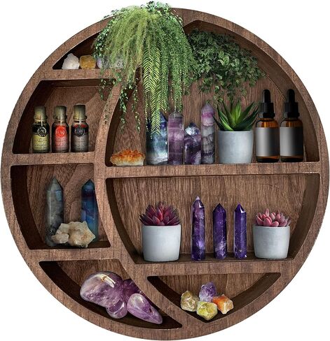 Wooden Crescent Moon Shelf Wall Decor - Decorative Boho Home Hanging Display Shelf for Bedroom, Dorm, Nursery - Easy Mount Storage for Crystals and Essential Oils - 14 x 14 x 3.5 (Brown) in Saudi Arabia