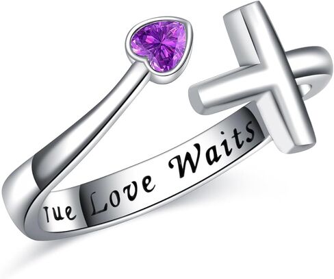 Sterling Silver True Love Waits Heart Cross Ring Blue Purple CZ Adjustable Ring Jewelry Gift for Women Girls in Saudi Arabia