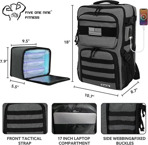 Tactical Meal Prep Backpack,519 Fitness Insulated Lunch Backpack with Removable Meal Compartment,16 Hours Insulation,Hiking Lunch Rucksack with Molle,Heavy Duty Hydration Backpack (Black) in Kuwait