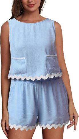 WOWULOVELY Womens 2 Piece Summer Outfits Sleeveless Tank Crop Tops Shorts Lounge Sets Pajama Set with Pockets in Saudi Arabia