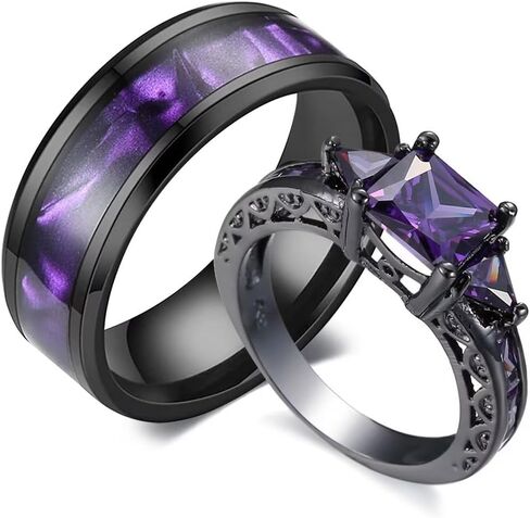 His and Hers Couple Rings,Black Gold Filled Womens Promise Wedding Ring Purple Cubic Zirconia Cz,8mm Titanium Steel Mens Classics Wedding Bands in Saudi Arabia