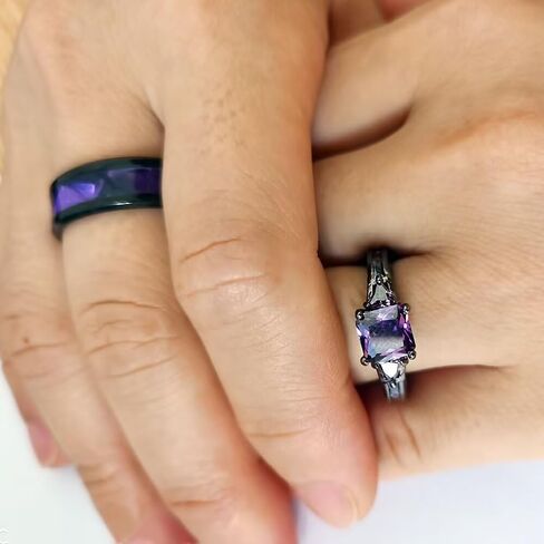 His and Hers Couple Rings,Black Gold Filled Womens Promise Wedding Ring Purple Cubic Zirconia Cz,8mm Titanium Steel Mens Classics Wedding Bands in Saudi Arabia