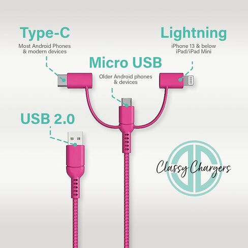 Classy Chargers Universal 3-in-1 Nylon Charging Cables for iPhone, Android, and More | 6ft Certified Lightning Cable, Type C, Micro USB | Compatible with All Phone Types (Hot Pink) in Saudi Arabia