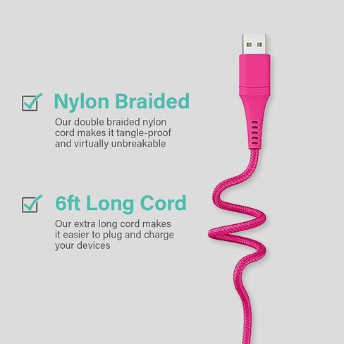 Classy Chargers Universal 3-in-1 Nylon Charging Cables for iPhone, Android, and More | 6ft Certified Lightning Cable, Type C, Micro USB | Compatible with All Phone Types (Hot Pink) in Saudi Arabia