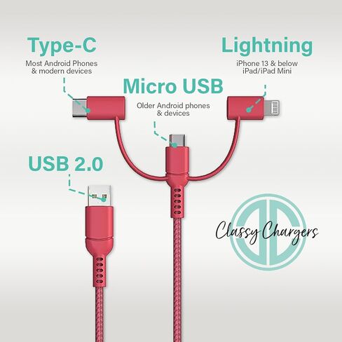 Classy Chargers Universal 3-in-1 Nylon Charging Cables for iPhone, Android, and More | 6ft Certified Lightning Cable, Type C, Micro USB | Compatible with All Phone Types (Hot Pink) in Saudi Arabia