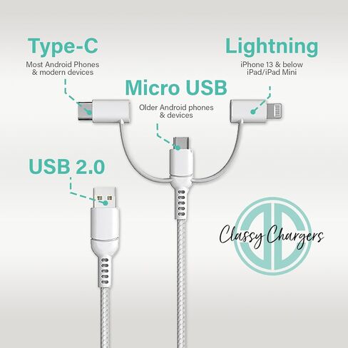 Classy Chargers Universal 3-in-1 Nylon Charging Cables for iPhone, Android, and More | 6ft Certified Lightning Cable, Type C, Micro USB | Compatible with All Phone Types (Hot Pink) in Saudi Arabia