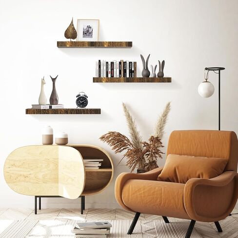 Brown Floating Shelves Wall Mounted Set of 6, 5 Sizes Wood Wall Corner Shelves, Hanging Book Shelf with Invisible Bracket for Display Pictures Plants Study Office Wall Storage and Decoration in Saudi Arabia